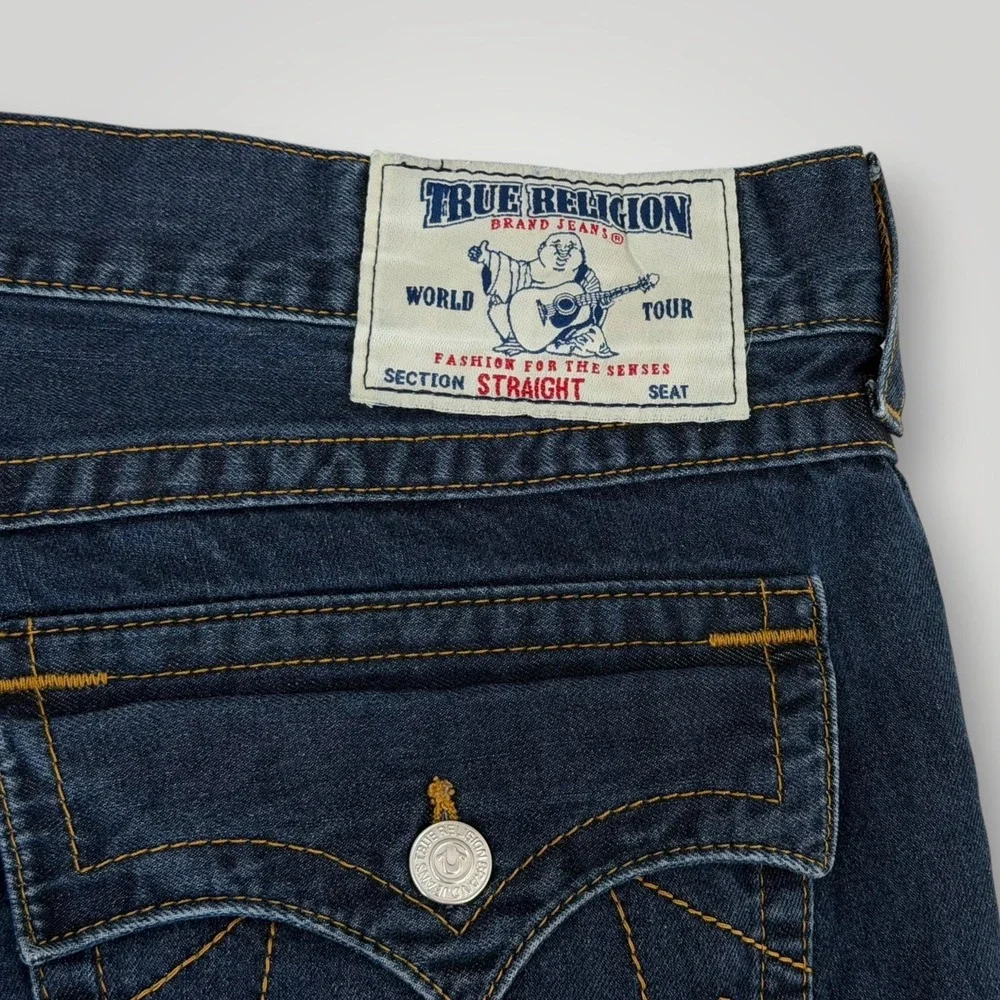 True Religion Denim Shorts Mens 38 Blue Bermuda Distressed Raw Hem Dark Wash